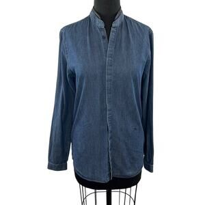 The Kooples Blue S Denim Top Cotton Stand-Up Leather Collar Long Slv Regular Fit